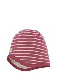 Gestreepte beanie muts in roze en roomkleur, gemaakt van zachte katoen. Kenmerkt zich door een afgeronde vorm met een gebogen rand en een label aan de zijkant.