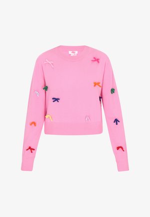 Pink knit sweater featuring colorful, fabric bows in various colors, ribbed cuffs and hem, and a crew neckline. Cropped design.