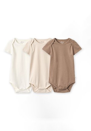 Three short-sleeve baby bodysuits in cream, beige, and light brown, laid flat on a white background.