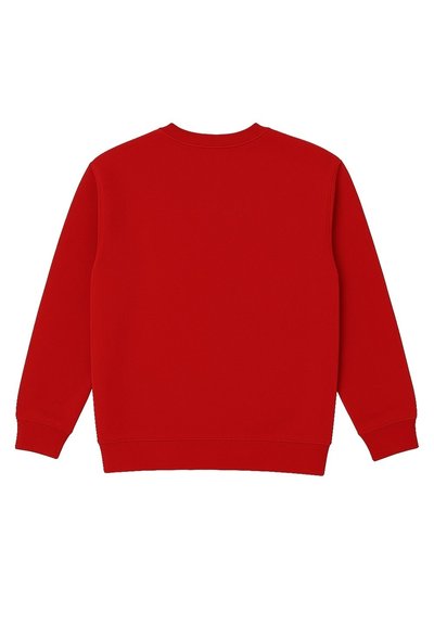 Felpa rossa, in cotone, con collo tondo, maniche lunghe, polsini e bordo a costine, superficie liscia, design semplice senza loghi o motivi visibili.