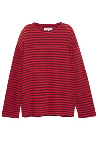 Czerwona i ciemnoniebieska w paski koszula z długim rękawem z okrągłym dekoltem i luźnym fasonem. Wykonana z miękkiego, lekkiego materiału.