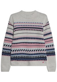 Harmaa crewneck-sweater vaaleanpunaisilla, laivastonsinisillä ja sinisillä geometristen kuvioiden vaakasuuntaisilla raidoilla vartalon ja hihojen yli.