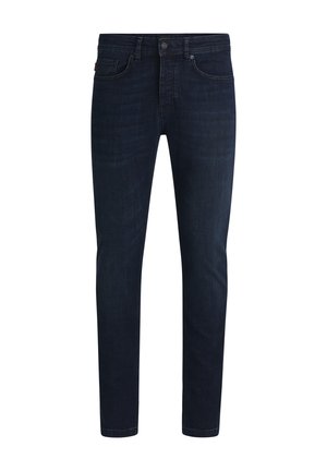 Donkerblauwe denim jeans met een slim fit, voorzien van vijf zakken, een knoopsluiting aan de voorkant en een subtiele vervaging langs de benen.