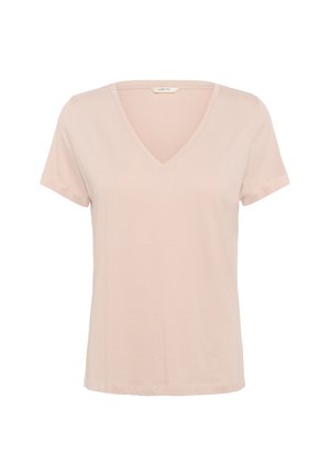 Lyserød V-hals t-shirt, korte ærmer, lavet af blødt stof, med en afslappet pasform og en glat tekstur med minimal detaljering.