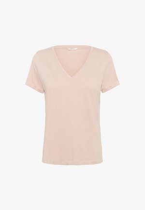 Svetlo roza majica s V-izrezom, kratkimi rokavi, izdelana iz mehkega blaga, z ohlapnim krojem in gladko teksturo ter minimalnimi detajli.