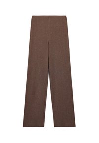 Bruine wijde broek van textiel met een hoge taille en rechte pasvorm. Kenmerkt zich door strakke lijnen en geen zichtbare sluitingen.