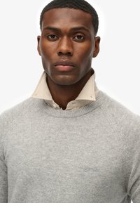 Grauer Strickpullover mit rundem Ausschnitt, der ein sichtbares Logo auf der Brust hat und über einem hellbeigen Hemd mit Kragen getragen wird.