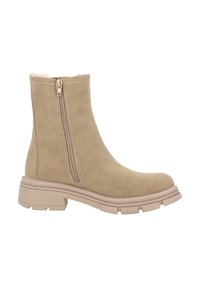 Botín beige hasta el tobillo con un acabado de ante suave, cremallera lateral, suela gruesa y un detalle de costura mínimo. Diseño ligero con punta redondeada.