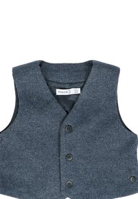 Gilet per bambini di colore blu navy realizzato in tessuto testurizzato, con scollo a V, tre bottoni neri e senza maniche.