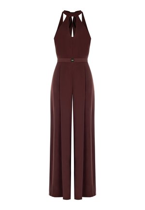 Combinaison sans manches marron foncé à jambes larges avec col licou, découpe en forme de trou de serrure, taille ajustée et boucle de ceinture décorative à l'avant.