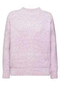 Pull violet clair en tricot avec un col montant, des manches longues, des motifs texturés et des poignets ainsi qu'un ourlet côtelés.