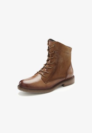 Brown leather ankle boots with a smooth finish, round toe, lace-up front, and textured suede panels. Stacked heel and rubber sole.
