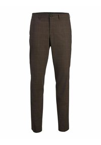 Pantaloni marroni con un motivo a quadri. Realizzati in un tessuto dalla trama ruvida, presentano una vestibilità classica e una vita standard con chiusura anteriore a bottone.