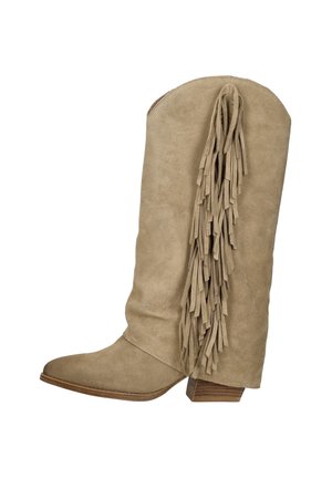 Lichtbruine suède Westernlaars tot halverwege de kuit met een gestapelde houten hak en lange franjes langs de buitenkant.