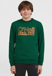 Tmavozelená mikina vyrobená z bavlny, s oranžovou grafikou "O'Neill SANTA CRUZ CALIFORNIA-U.S.A." na prednej strane. Rúbované manžety a lem.