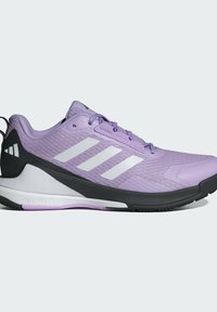 Lightweight purple athletic shoe with a textured upper, white stripes, black accents, and a cushioned sole labeled "LIGHTSTRIKE 3.0."