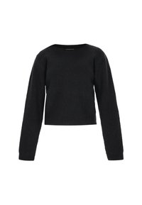 Fekete kötött pulóver hosszú ujjakkal, kerek nyakkal és rövidített dizájnnal. Texturált anyag, amelynek enyhe fényessége van. Nincsenek látható minták vagy díszítések.