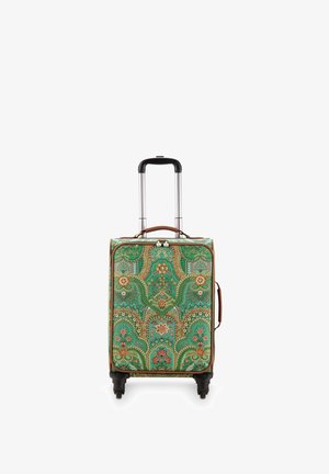 Green hard-shell suitcase with floral pattern, brown accents, retractable handle, and four wheels for mobility. Features zipper closure.