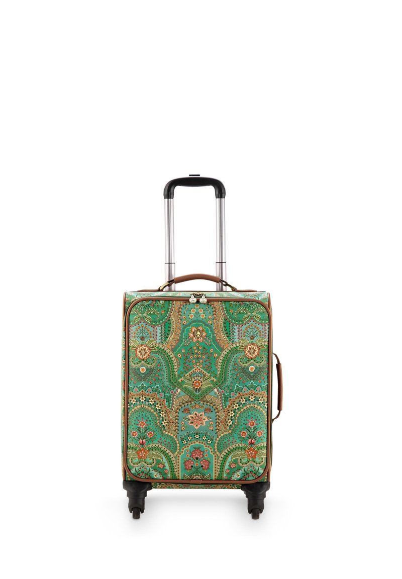 Green hard-shell suitcase with floral pattern, brown accents, retractable handle, and four wheels for mobility. Features zipper closure.