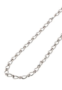 Srebrny łańcuch metalowy z wydłużonymi, złączonymi ogniwami. Gładka tekstura, wypolerowane wykończenie i jednolity design w całej długości.