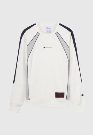 Crewneck Sweatshirt in Off-White mit marineblauen und grauen Akzenten. Mit einem Logo auf der Vorderseite und einem Patch am Saum. Weiches, Baumwoll-Mischgewebe.