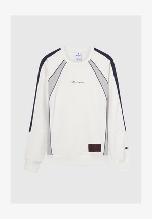 Crewneck sweatshirt in off-white met marineblauwe en grijze accenten. Voorzien van een logo op de voorkant en een patch op de zoom. Zachte, katoenen gemengde stof.
