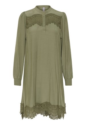 Olive green dress with long, gathered sleeves, a henley neckline, and decorative lace trim at the shoulders and hem. Smooth fabric texture.