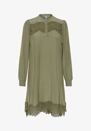 Olive green dress with long, gathered sleeves, a henley neckline, and decorative lace trim at the shoulders and hem. Smooth fabric texture.