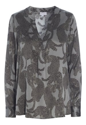 Graue Bluse mit langen Ärmeln, schwarzem Leopardenmuster und V-Ausschnitt.