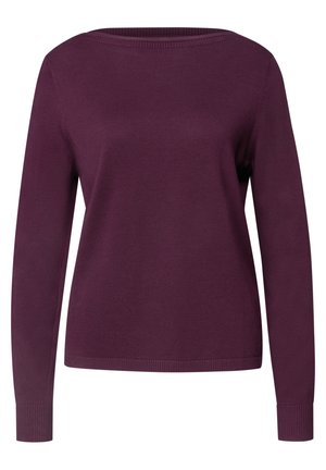 Pull en maille violet à manches longues avec un col rond et des poignets côtelés, présenté sur un fond blanc uni.