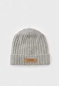 Hall grey kootud beanie, mis on valmistatud pehmest materjalist; omaduseks ribakudumine, voltitud äär ning nahast silt, millel on brändinimi "JOOP!"