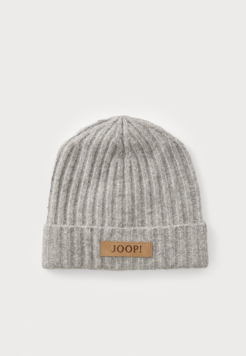 Gray knit beanie made of soft material; features a ribbed texture with a folded cuff and a leather patch displaying the brand name "JOOP!"