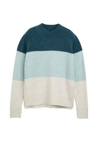 Pull en tricot avec un col rond, trois rayures horizontales en teal foncé, bleu clair et crème, avec des poignets et un ourlet côtelés.