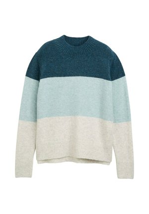 Suéter de punto con cuello redondo, tres rayas horizontales en verde azulado oscuro, azul claro y crema, con puños y dobladillo acanalados.