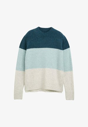 Suéter de punto con cuello redondo, tres rayas horizontales en verde azulado oscuro, azul claro y crema, con puños y dobladillo acanalados.