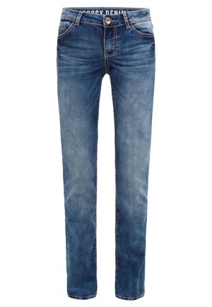 Niebieskie dżinsy z prostymi nogawkami, pięcioma kieszeniami i detalami w strefie szwów. Posiadają zapięcie na guzik i szlufki na pasek.