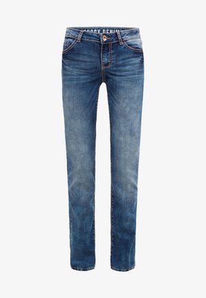 Niebieskie dżinsy z prostymi nogawkami, pięcioma kieszeniami i detalami w strefie szwów. Posiadają zapięcie na guzik i szlufki na pasek.