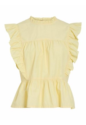 Blouse sans manches jaune clair avec des manches papillon froncées, un col montant froncé et un ourlet à basque.