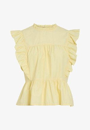 Svetlo rumena brezrokavna bluza z nabranimi kratkimi rokavi, nabranim visokim ovratnikom in robom pepluma.
