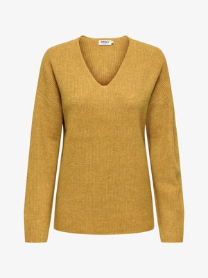 Musztardowożółty sweter z dekoltem w serek o fakturze prążkowanej, z długimi rękawami i luźnym krojem. Wykonany z dzianiny, charakteryzuje się subtelnym połyskiem.