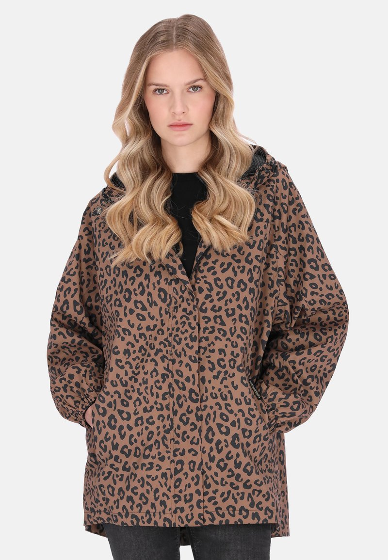 Barna és fekete leopárdmintás dzseki kapucnival, elöl gombos záródással, két oldalsó zsebbel és kényelmes szabással.