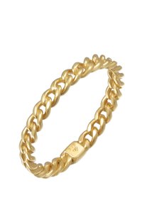 Guldkædearmbånd med sammenkædede led og en glat overflade; har en sikker lås og er markeret med et 375 stemplet.