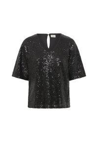 Top nero in paillettes con maniche corte, scollatura a V e apertura a chiave sulla schiena. Presenta una base in tessuto liscio e una superficie tempestata di paillettes luccicanti.