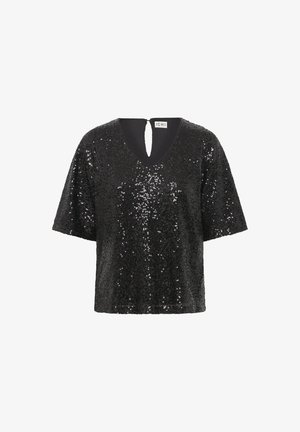 Čierny top so flitrami, krátkymi rukávmi, V-výstrihom a kľúčovou dierkou na chrbte. Má hladkú látkovú základňu a trblietavú textúru flitrov po celom povrchu.
