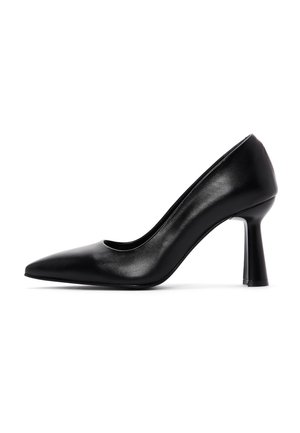 Black leather high-heeled pump with a pointed toe, smooth texture, and a unique conical heel design.
