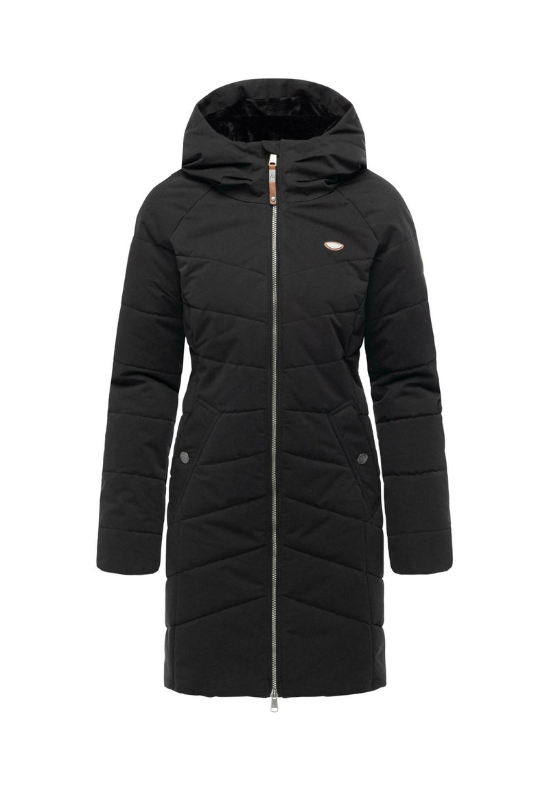 Czarna pikowana kurtka z kapturem, z zamkiem błyskawicznym i dwoma przednimi kieszeniami. Posiada małe logo marki na klatce piersiowej.