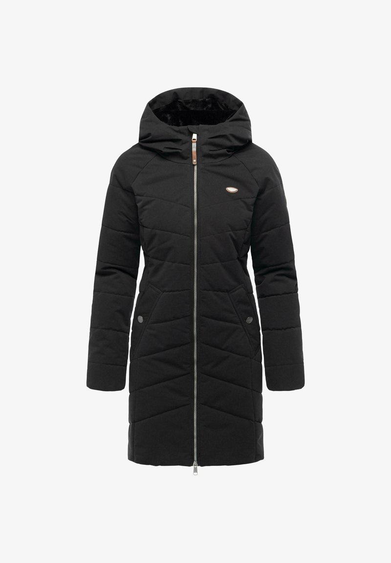 Svart vadderad jacka med huva, diamond quiltat mönster, dragkedjestängning och två framfickor. Har en liten logotyp på bröstet.