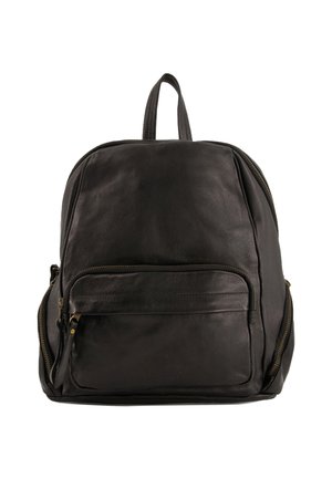 Black leather backpack with a rounded shape, adjustable straps, front pocket, and brass zipper accents. Smooth texture with minimal branding.