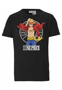 Black cotton t-shirt featuring a graphic of a character with a red cape and straw hat, surrounded by a circular logo and the text "ONE PIECE."