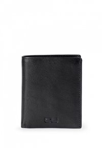 Black leather wallet with a smooth texture, bi-fold design, and embossed logo. Features rounded corners and minimal stitching details.